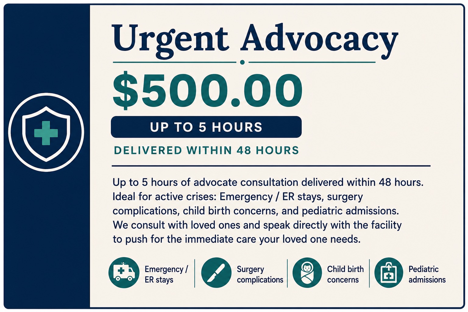 Urgent Advocacy — $500, up to 5 hours, delivered within 48 hours